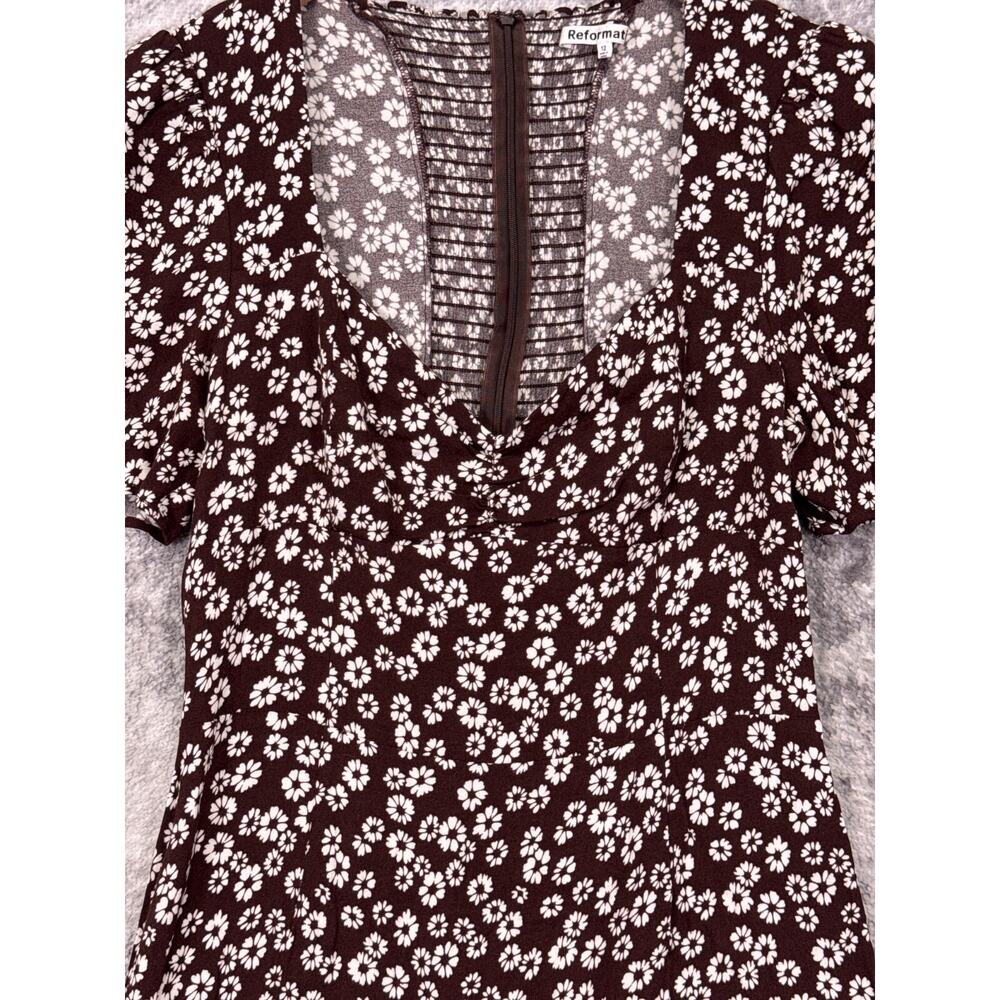Reformation Dress 12 Womens Chocolate Brown Floral Plunge Smocked Mini - Picture 2 of 9